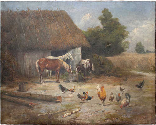 Ладыженский Геннадий Александрович. Сельский пейзаж с курами и лошадями